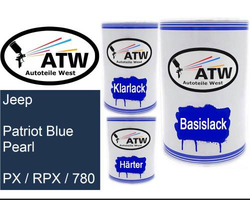 Jeep, Patriot Blue Pearl, PX / RPX / 780: 500ml Lackdose + 500ml Klarlack + 250ml Härter - Set, von ATW Autoteile West.